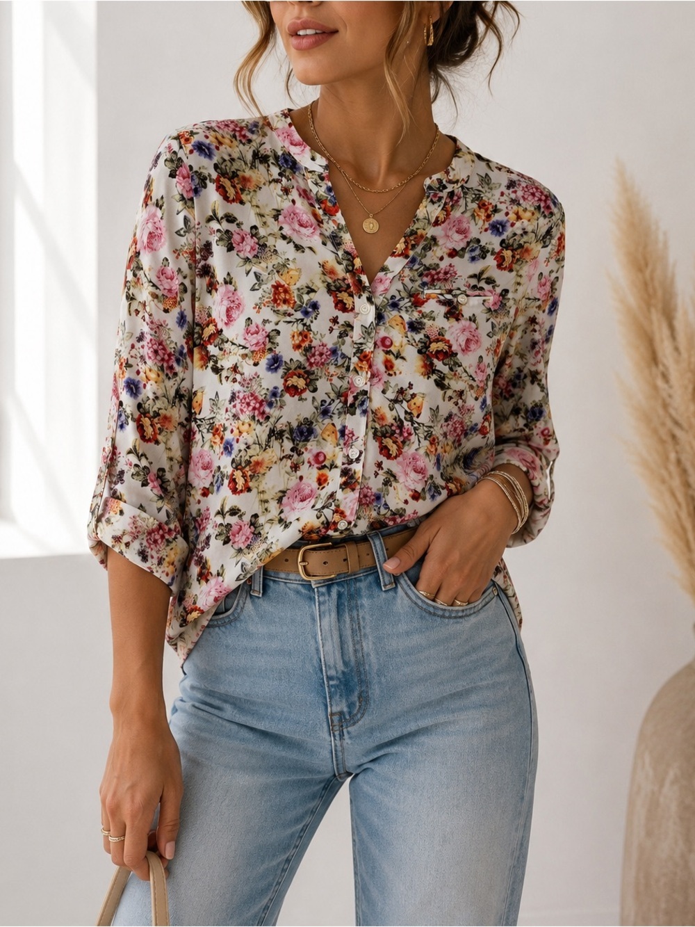 Kut from the Kloth Floral Blouse Small White Pink Button Front Roll Tab Sleeve